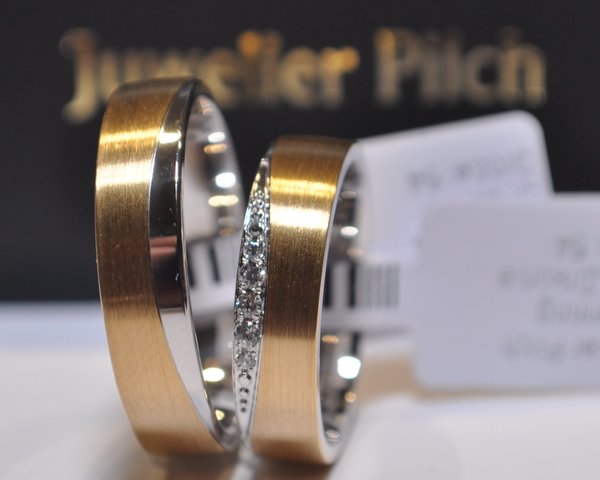 Trauringe Eheringe Gold 750 - Poliert/Längsmatt - Bicolor - mit 5 Diamanten 0,065ct.