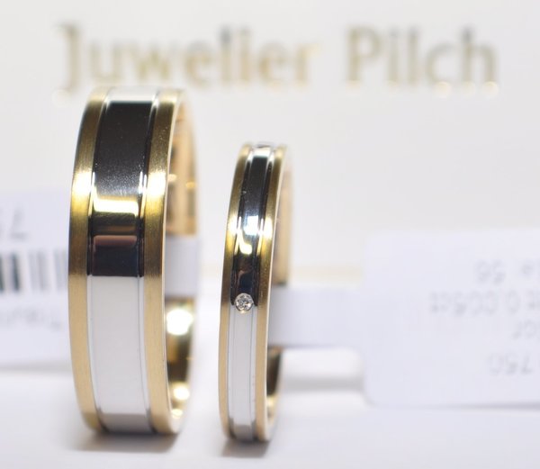 Ein Paar Gold 333 Trauringe Eheringe Hochzeitsringe Bicolor mit Diamant