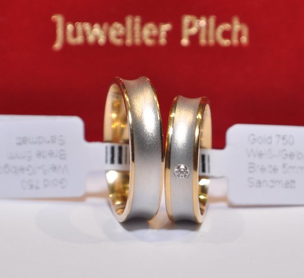 1 Paar Trauringe - Gold 750 - Bicolor - Profil Konkav - Breite 5mm - Mit Diamant