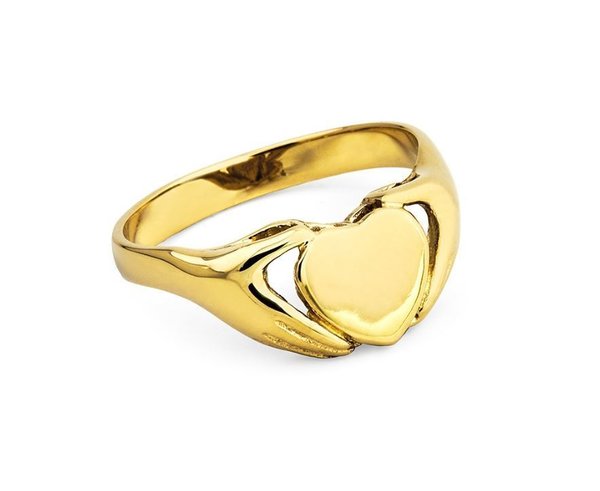 Damenring - Gelbgold 585 - glänzend - von Händen gehaltenes Herzmotiv