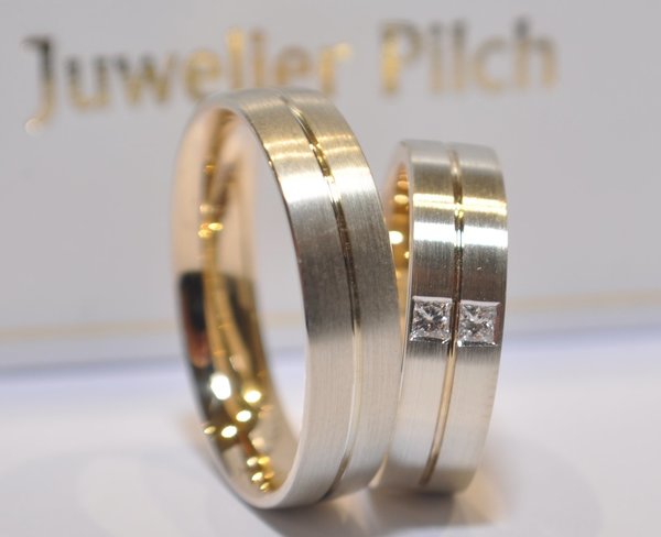 1 Paar Trauringe Hochzeitsringe Gold 333 - Bicolor - Mit Diamanten 2x 0,04ct.W/SI