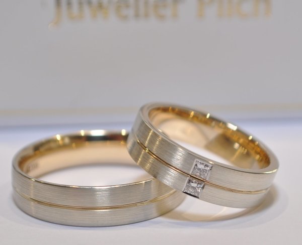 1 Paar Trauringe Hochzeitsringe Gold 585 - Bicolor - Mit Diamanten 2x 0,04ct.W/SI