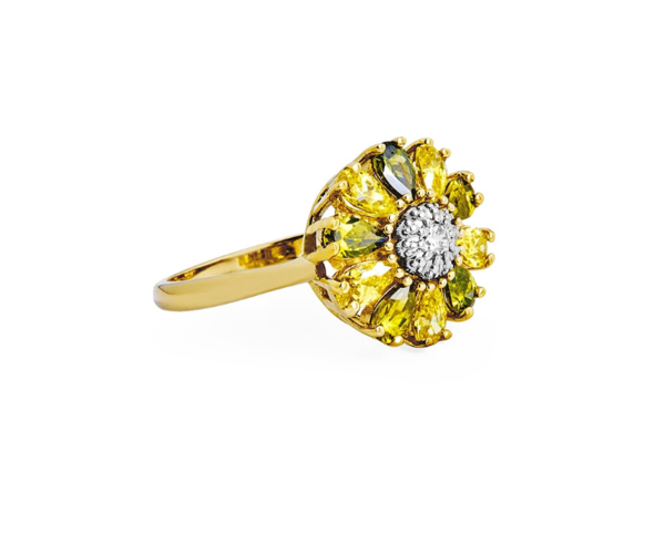 Damenring - Gelbgold 585/Rhodiniert - Blume aus Zirkonia - Poliert