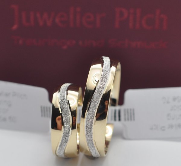 Trauringe Eheringe Gold 585 - Poliert / Sandmattiert / Diamantiert - Bicolor