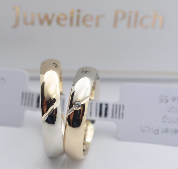 Ein Paar Trauringe Eheringe Gold 585 - Poliert - Bicolor - Weiß/Gelb - Damenring mit Brillant 0,02ct