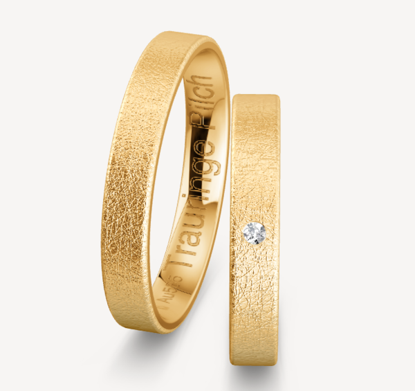 Trauringe Gold 585 - Gelbgold Eismattiert - Breite 3,5mm - Damenring mit Diamant